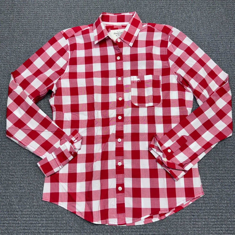 Abercrombie & Fitch Red White Gingham Button Up Shirt Small Moose Logo Cotton